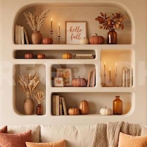 May include: A beige arched wall niche with multiple shelves decorated for autumn. The shelves contain various orange and white pumpkins, dried wheat stalks in vases, stacks of books, lit taper candles, and a sign that reads hello fall.