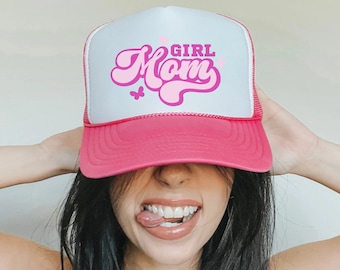 Girl Mom Foam Trucker Hat, Personalized New Mom Snapback Baseball Cap, Retro Mothers Day Mama Baby Shower Party Hat, Christmas Gift for Mom