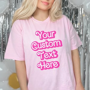 Custom Text Pink Party Shirt, Comfort Colors TShirt, Girls Trip Bachelorette Party Fashion Doll Font Tee, Personalized Birthday Gift for Kid
