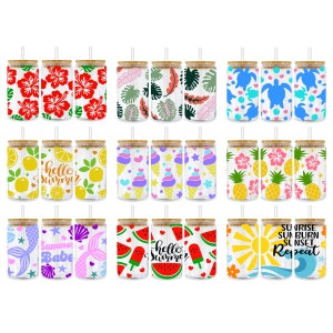 Summer Libbey Glass Wrap Svg Bundle, Monstera Hibiscus Turtle Pineapple Lemon 16 oz Libby Beer Can Full Wrap Cup svg files for Cricut, Png