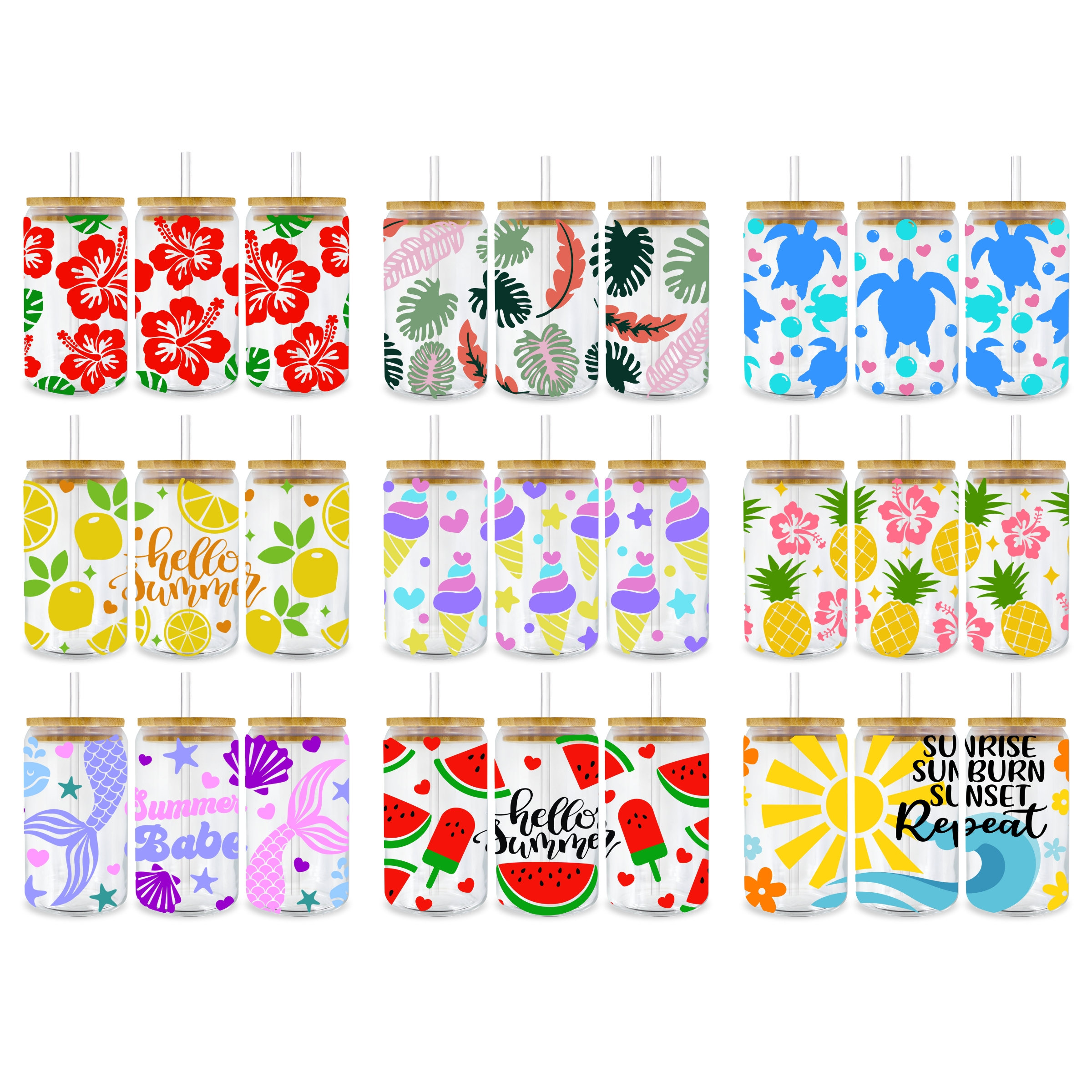 Summer Libbey Glass Wrap Svg Bundle, Monstera Hibiscus Turtle Pineapple Lemon 16 oz Libby Beer Can Full Wrap Cup svg files for Cricut, Png