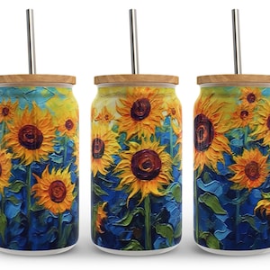 3d Van Gogh Sunflower Libbey Glass Wrap Png Sublimation Designs, Summer Floral Paint 16oz Libby Beer Can Full Wrap Cup tumbler Png, Download