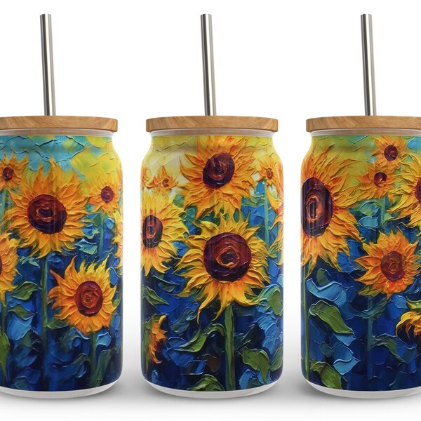 3d Van Gogh Sunflower Libbey Glass Wrap Png Sublimation Designs, Summer Floral Paint 16oz Libby Beer Can Full Wrap Cup tumbler Png, Download