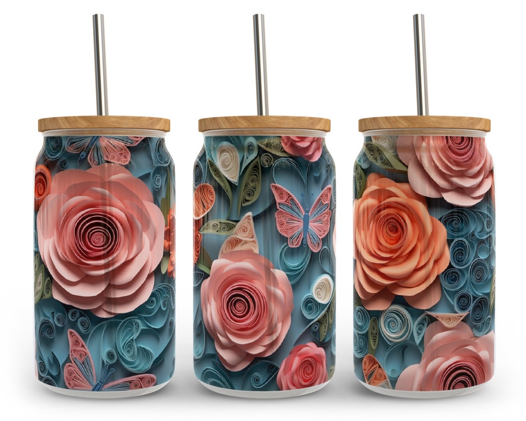 3d Flower Butterfly Libbey Glass Wrap Png Sublimation Designs, Retro ...