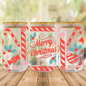 Merry Christmas SVG Libbey Glass Wrap Svg, Candy Cane Holiday Christmas 16oz Libby Can Beer Full Wrap Cup Svg files for Cricut, Download