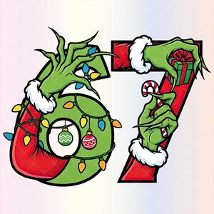 Könnte beinhalten: Festliche Grafik mit den Zahlen 6 und 7 im Weihnachtsthema. Die 6 ist grün mit einer Hand, die Lichterketten und Ornamente hält. Die 7 ist rot mit einer Hand, die ein Geschenk und eine Zuckerstange hält. Weiße Verzierungen akzentuieren das Design.