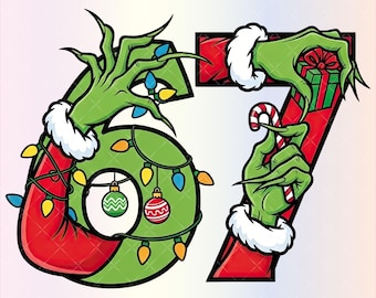 Può includere: Grafica festiva con i numeri 6 e 7, a tema natalizio. Il numero 6 è verde con una mano che tiene luci e ornamenti natalizi. Il numero 7 è rosso con una mano che tiene un regalo e un bastoncino di zucchero. Rifinitura bianca.