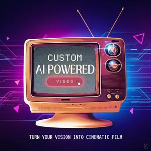 May include: A vintage-style television set with two antennas, displaying the text CUSTOM AI POWERED and a button labeled VIDEO with a cursor icon. Below the screen, the text reads TURN YOUR VISION INTO CINEMATIC FILM against a neon digital background.