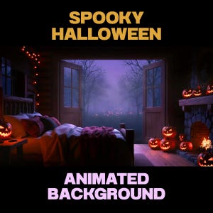 Op de afbeelding: Een griezelige Halloween-geanimeerde achtergrond. De scène toont een slaapkamer met een bed, verlichte pompoenlantaarns en een open haard. De tekst "SPOOKY HALLOWEEN" en "ANIMATED BACKGROUND" worden weergegeven.