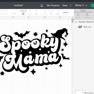 May include: Black and white design of the text "Spooky Mama" with bats and stars. The design is on a white background.
