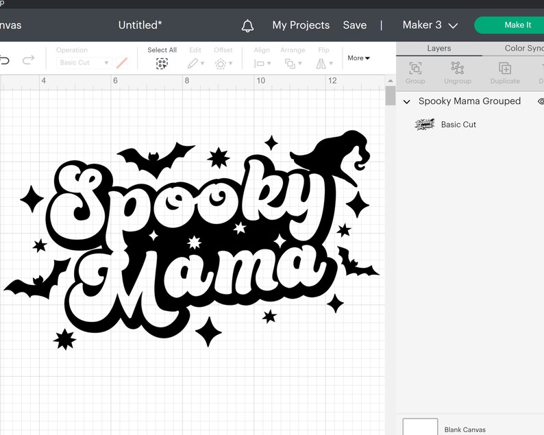 May include: Black and white design of the text "Spooky Mama" with bats and stars. The design is on a white background.