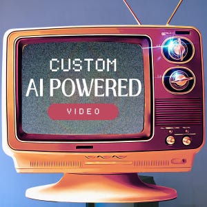 Puede incluir: Un televisor vintage con diseño retro. La pantalla muestra el texto "CUSTOM AI POWERED VIDEO" en blanco sobre un fondo estático. El televisor tiene una combinación de colores granate y dorado.