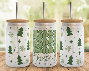Retro Merry Christmas Tree 16oz Libbey Glass Wrap Svg, Xmas Libby Can Beer Glass Full Wrap svg files for Cricut, Instant Digital Download