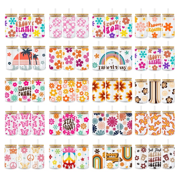 Retro Groovy Summer Svg Libbey Glass Can Wrap Svg Bundle, Boho Hippie Floral y2k 16 oz Libby Beer Can Full Wrap Cup svg files for Cricut Png