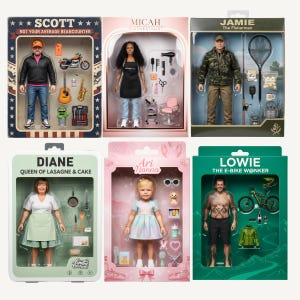 May include: Six boxed action figures labeled Scott, Micah, Jamie, Diane, Ari Nanna, and Lowie. Each package contains a doll with themed accessories including a motorcycle, salon tools, fishing gear, kitchen items, toys, and a mountain bike.