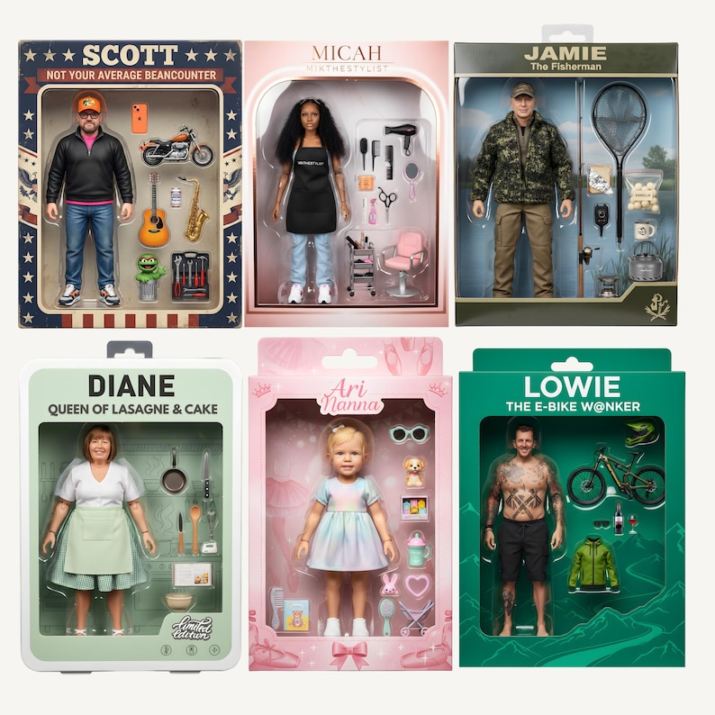 May include: Six boxed action figures labeled Scott, Micah, Jamie, Diane, Ari Nanna, and Lowie. Each package contains a doll with themed accessories including a motorcycle, salon tools, fishing gear, kitchen items, toys, and a mountain bike.