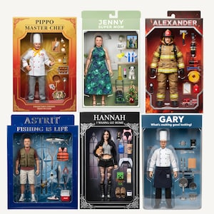 May include: Six boxed action figures featuring Pippo Master Chef, Jenny Super Mom, Alexander the firefighter, Astrit the fisherman, Hannah with a cat, and Gary the chef. Each box displays the character and various themed accessories and text.