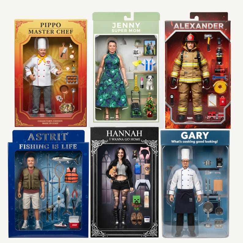 May include: Six boxed action figures featuring Pippo Master Chef, Jenny Super Mom, Alexander the firefighter, Astrit the fisherman, Hannah with a cat, and Gary the chef. Each box displays the character and various themed accessories and text.