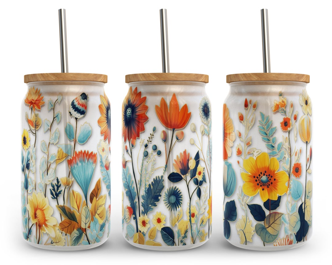 Summer Wildflower Libbey Glass Wrap Png Sublimation Designs, Boho Retro ...