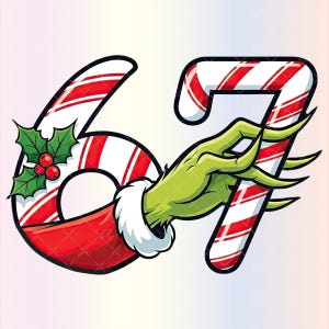 May include: A festive graphic featuring the numbers 67, designed with red and white candy cane stripes. A green hand with a white fur cuff reaches out to hold the number 7. Holly and berries adorn the number 6, creating a Christmas theme.