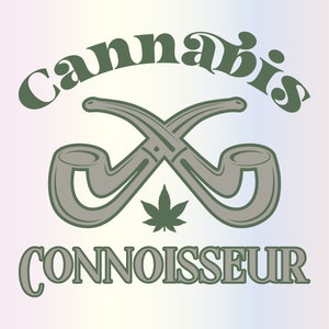 Puede incluir: Un diseño gráfico verde y gris con el texto "Cannabis Connoisseur" y dos pipas cruzadas con una hoja de marihuana en el centro.