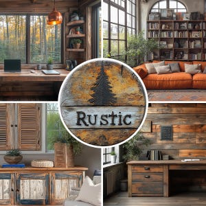 May include: Rustic wooden sign with the word "Rustic" in white lettering. The sign is surrounded by images of a home office with wooden furniture and decor.