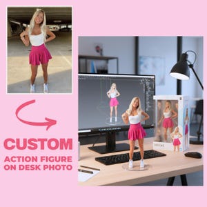 May include: A custom action figure of a woman wearing a white top and pink skirt, displayed on a desk. The image includes a photo of the woman, a 3D model on a computer screen, and the action figure in its packaging. The text reads "CUSTOM ACTION FIGURE ON DESK PHOTO."