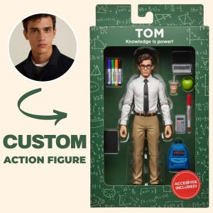 May include: A custom action figure named Tom in a green box with math formulas. The figure wears a white shirt, black tie, and tan pants. Accessories include four markers, a laptop, a drink, an apple, a red pen, a calculator, and a blue backpack.