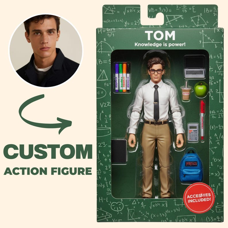 May include: A custom action figure named Tom in a green box with math formulas. The figure wears a white shirt, black tie, and tan pants. Accessories include four markers, a laptop, a drink, an apple, a red pen, a calculator, and a blue backpack.