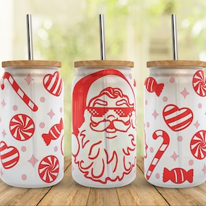 Santa Claus Svg Libbey Glass Wrap Svg, Christmas SVG Candy Cane SVG 16oz Libby Can Beer Full Wrap cup svg files for Cricut, Instant Download