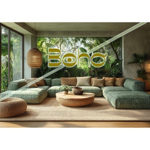 Może przedstawiać: Zielona narożna sofa z plecionym stolikiem kawowym z wikliny i plecionym pufem z wikliny w salonie z dużymi oknami i roślinami. Pok&oacute;j ma styl boho.