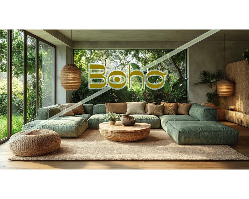 Może przedstawiać: Zielona narożna sofa z plecionym stolikiem kawowym z wikliny i plecionym pufem z wikliny w salonie z dużymi oknami i roślinami. Pok&oacute;j ma styl boho.