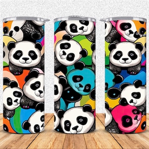 Cute Panda 20 oz Skinny Tumbler Png Sublimation Designs, Kids Colorful Neon Kawaii Panda Straight Tapered Tumbler Wrap PNG, Instant Download