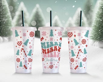 Retro Merry Christmas Svg Starbucks Cup Wrap Svg, Christmas Tree 24oz Venti Cold Cup Full Wrap tumbler Svg files for Cricut Instant Download