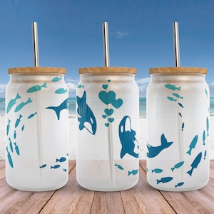 Fisch Walhai SVG Libbey Glasverpackungs svg, Ozean Sommer Strand Delphin 16 oz Libby Bierdose Full Wrap Tasse svg-Dateien für Cricut, PNG Download