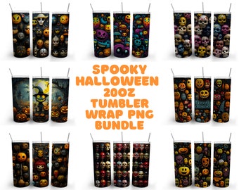 Spooky Halloween Tumbler Wrap Png Bundle Sublimation Designs, Fall Halloween Pumpkin 20 oz Skinny Straight Tapered Tumbler Wrap PNG Download
