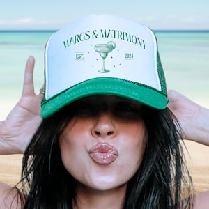 Margs and Matrimony Trucker Hat, Custom Bachelorette Party Foam Baseball Hat, Personalized Logo Snapback Cap Beach Bridal Shower Gift Merch