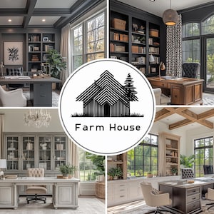 May include: A collage of interior design images featuring home office spaces. The images showcase desks, bookshelves, and large windows. A circular logo with a house and the text "Farm House" is in the center.
