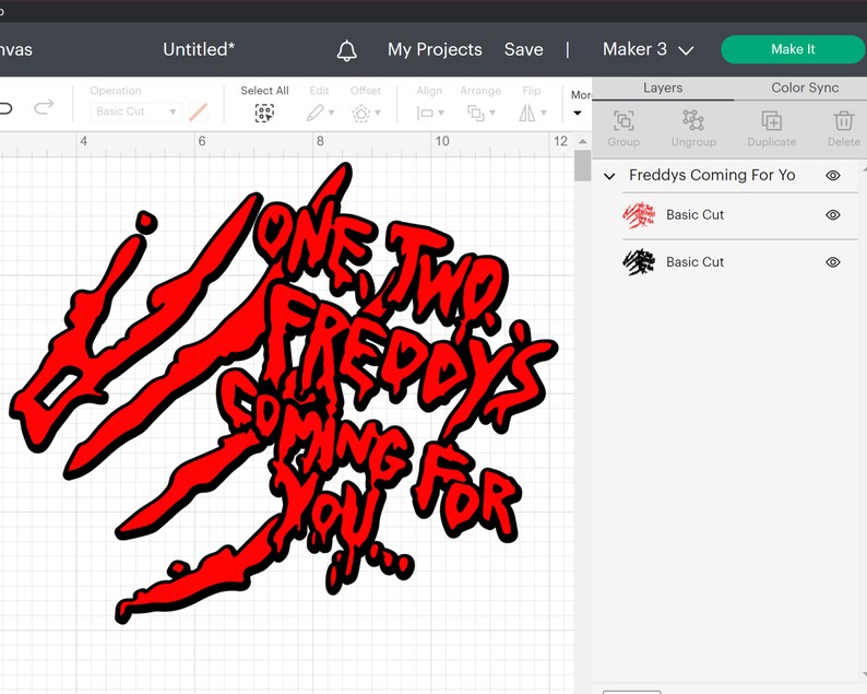 K&ouml;nnte beinhalten: Rotes und schwarzes Grafikdesign mit dem Text "One Two Freddys Coming For You" in einer fetten, stilisierten Schriftart. Das Design ist auf wei&szlig;em Hintergrund.