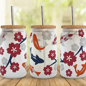 Koi Cherry Blossom SVG Libbey glass Wrap Svg, Boho Sakura japão 16 onças Libby beer Can Full Wrap cup arquivos svg para Cricut, PNG Instant Download