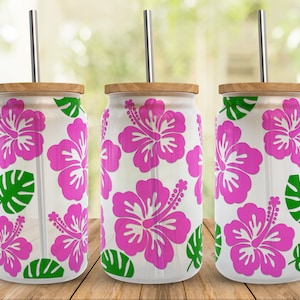 Hibiscus SVG Monstera Libbey Glass Wrap Svg, Tropical Summer boho 16oz Libby Can Beer Full Wrap Cup svg files for Cricut, Instant Download