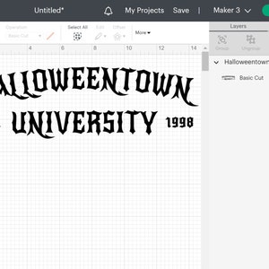 May include: Black graphic design with the text "Halloweentown University" arched across the top, with "EST. UNIVERSITY 1998" below. The design is displayed on a grid background, likely for crafting or design purposes.