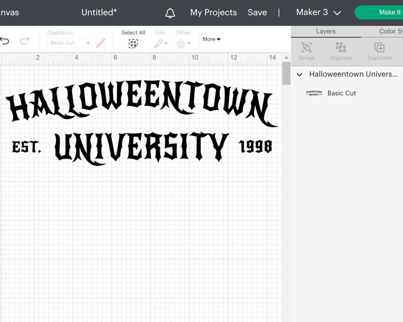 May include: Black graphic design with the text "Halloweentown University" arched across the top, with "EST. UNIVERSITY 1998" below. The design is displayed on a grid background, likely for crafting or design purposes.