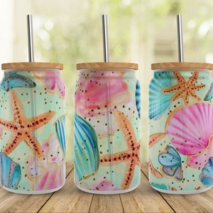 Seashells Starfish Libbey Glass Wrap Png Sublimation Designs, Boho Beach Summer Ocean 16oz Libby Beer Can Full Wrap Cup tumbler Png Download