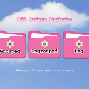 K&ouml;nnte beinhalten: Rosa Ordner-Symbole mit wei&szlig;en Blumen und Text, der "All Orders Include:" "Grouped", "Ungrouped" und "Png" lautet.