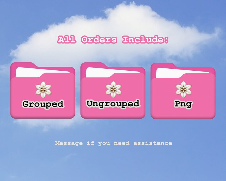 K&ouml;nnte beinhalten: Rosa Ordner-Symbole mit wei&szlig;en Blumen und Text, der "All Orders Include:" "Grouped", "Ungrouped" und "Png" lautet.