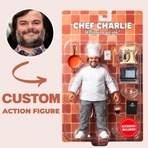 May include: A custom action figure of a chef named Chef Charlie in a white chef coat and checkered pants, packaged with accessories including a pan, mixer, laptop, bowl, and spoon. The packaging features orange tiles and the text Chef Charlie Whipping up joy!