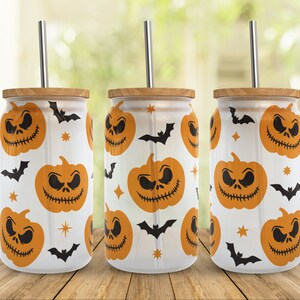 May include: Three white stainless steel tumblers with lids and straws. Each tumbler features a Halloween-themed design with orange and black pumpkins and bats.