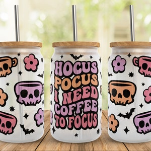 Hocus Pocus I Need Coffee To Focus SVG Libbey Glass Wrap Svg, Trendy Funny Halloween 16oz Libby Beer Can Full Wrap Cup svg files for Cricut