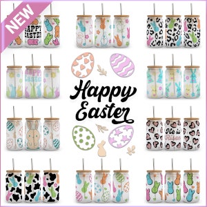 Pode incluir: Conjunto de 12 designs de copos para beber com tema de Páscoa com vários padrões, incluindo coelhos, ovos e a frase "Feliz Páscoa".